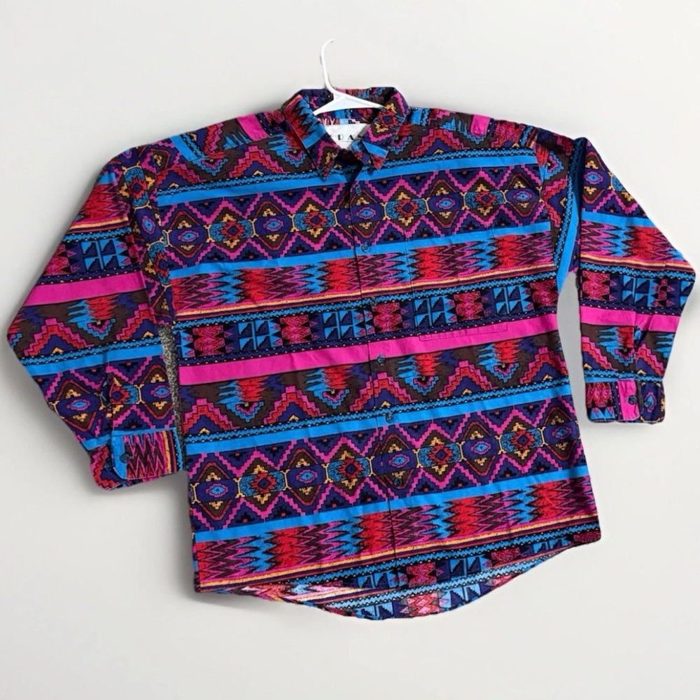 Southwestern Aztec Shirt Mens XL Colorful 90s Western Cowboy Button Up Vintage